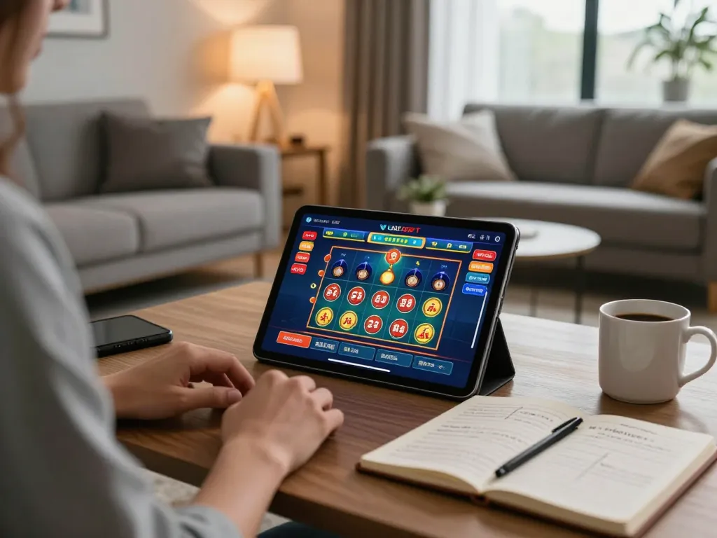 Player enjoying a strategic kwin gameplay on a tablet with cozy home ambiance.