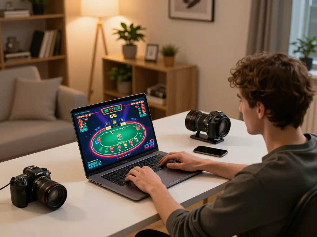 Engaging in SC88 online casino poker, showcasing an inviting gaming setup at home.