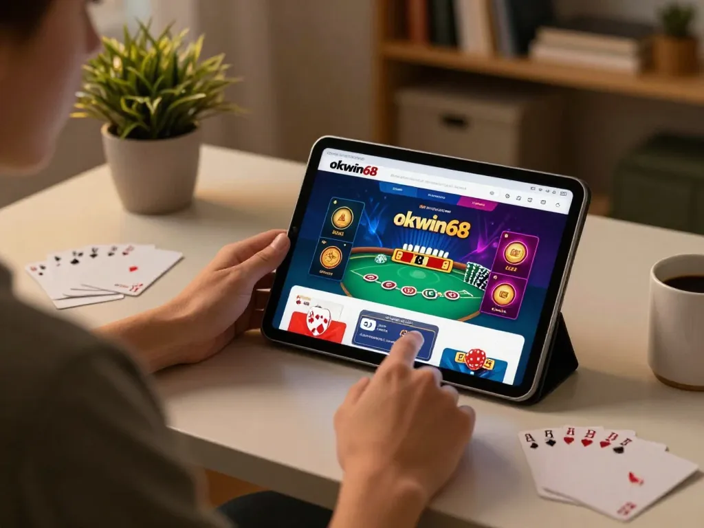 Player engaging with the okwin68 casino app on a tablet, showcasing a vibrant poker game interface.