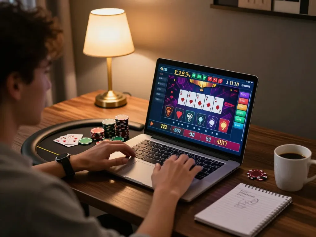 Person engaged in online gambling with alo8, enjoying live dealer games on a laptop.