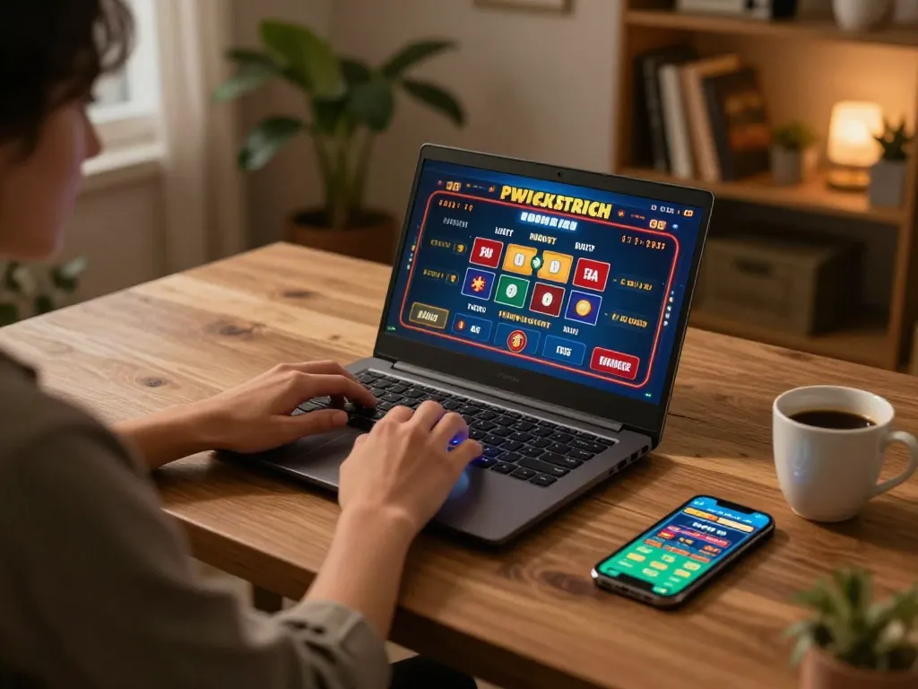 Person playing win68 casino games on laptop in a cozy home setting with warm lighting.