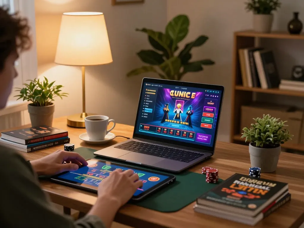 hitclub68s player engaging in online blackjack at home with vibrant laptop interface, cozy atmosphere and strategic notes