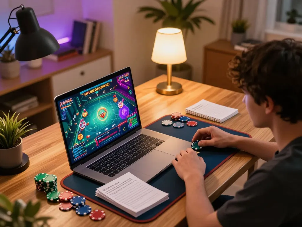 Player engrossed in game bài đổi thưởng on laptop amidst cozy home decor and strategy notes.