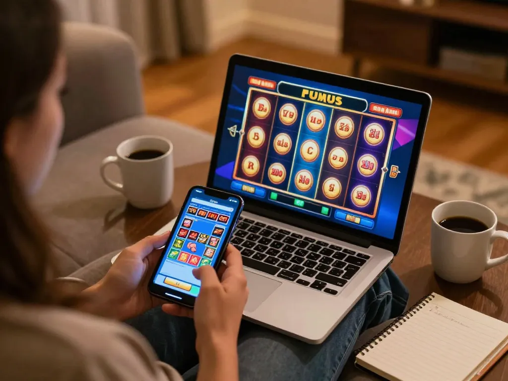 Engaging online casino gaming with MMOO on a laptop, showcasing smartphone bets and slot reels.