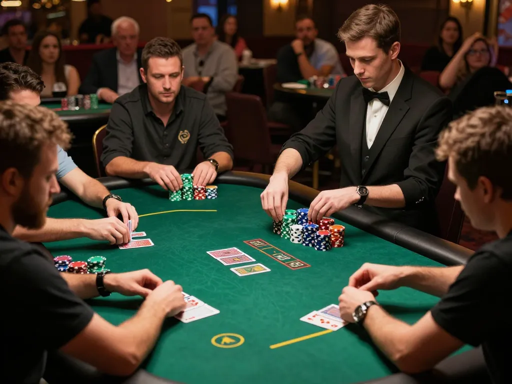 79win poker tournament showcasing intense gameplay and vibrant chips at a high-stakes casino.