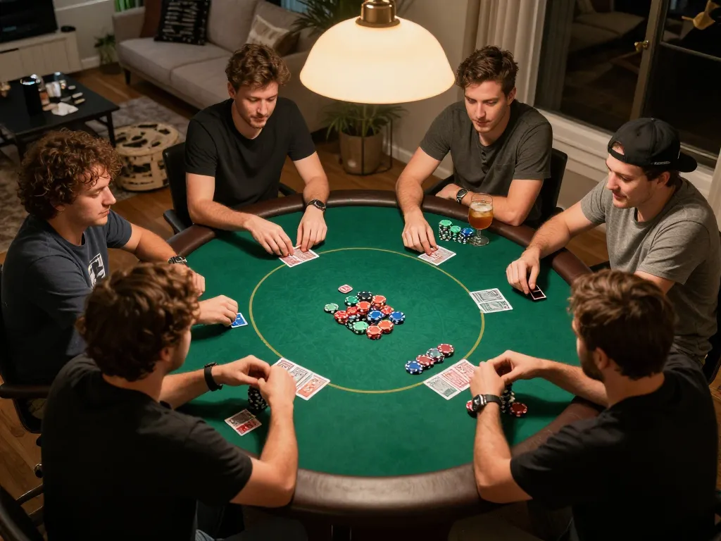 Engaging home poker game showcasing friends playing Texas Hold'em, emphasizing bu88 strategies and social interactions.
