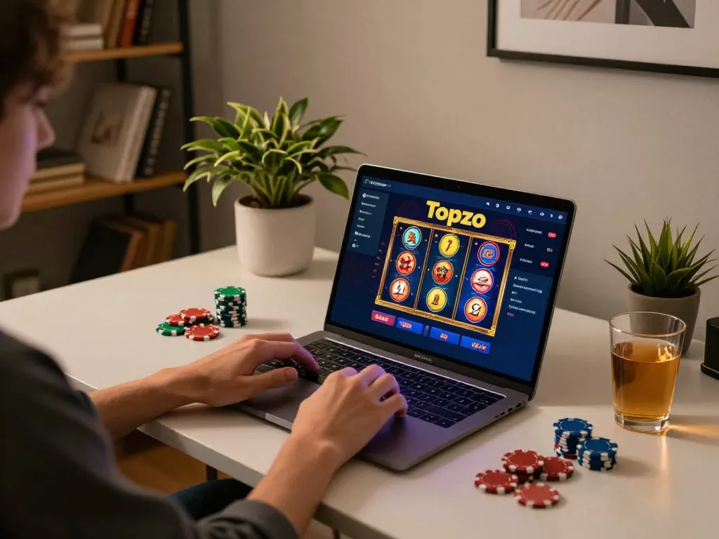 Topzo player engaging with online slot game on laptop in a stylish home setup, highlighting strategic gaming.