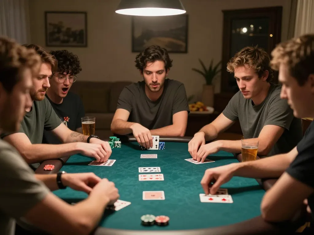 Exciting home poker night scene featuring players at nhà cái 789p engaged in high-stakes card game.