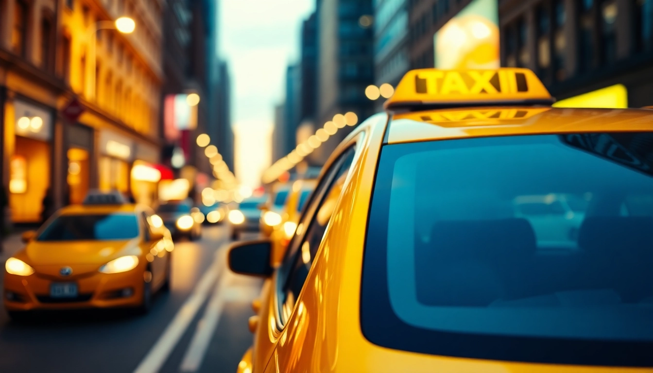 Taxi cab waiting at a city street with bright lights, showcasing a vibrant urban atmosphere.