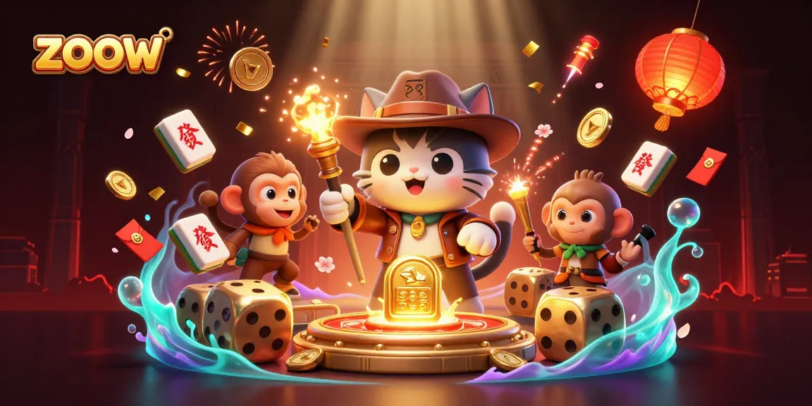Dynamic scene of a cat archaeologist and monkey companion uncovering lucky treasures in the zoow casino.