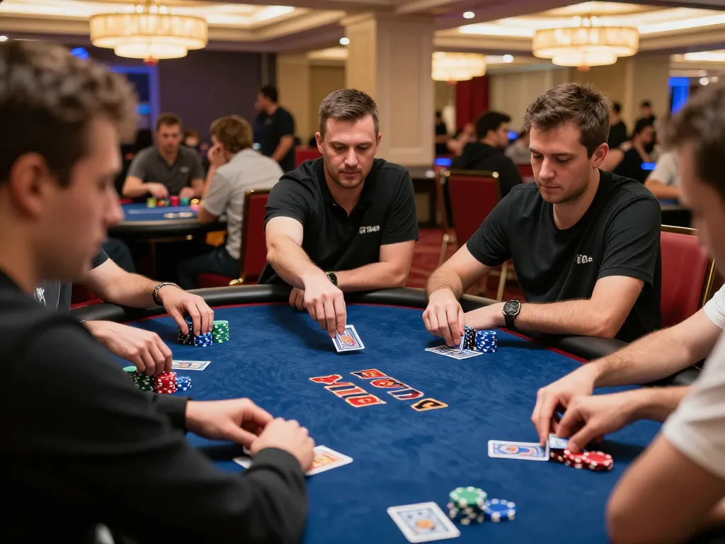 Engaging poker game highlighting f168 bet strategies with players in focus and chips scattered.