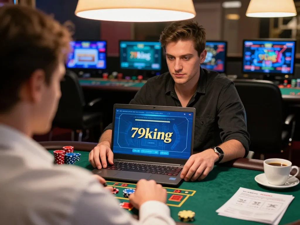 Player engaged in blackjack on 79king, showcasing online gaming strategy with focused expression.