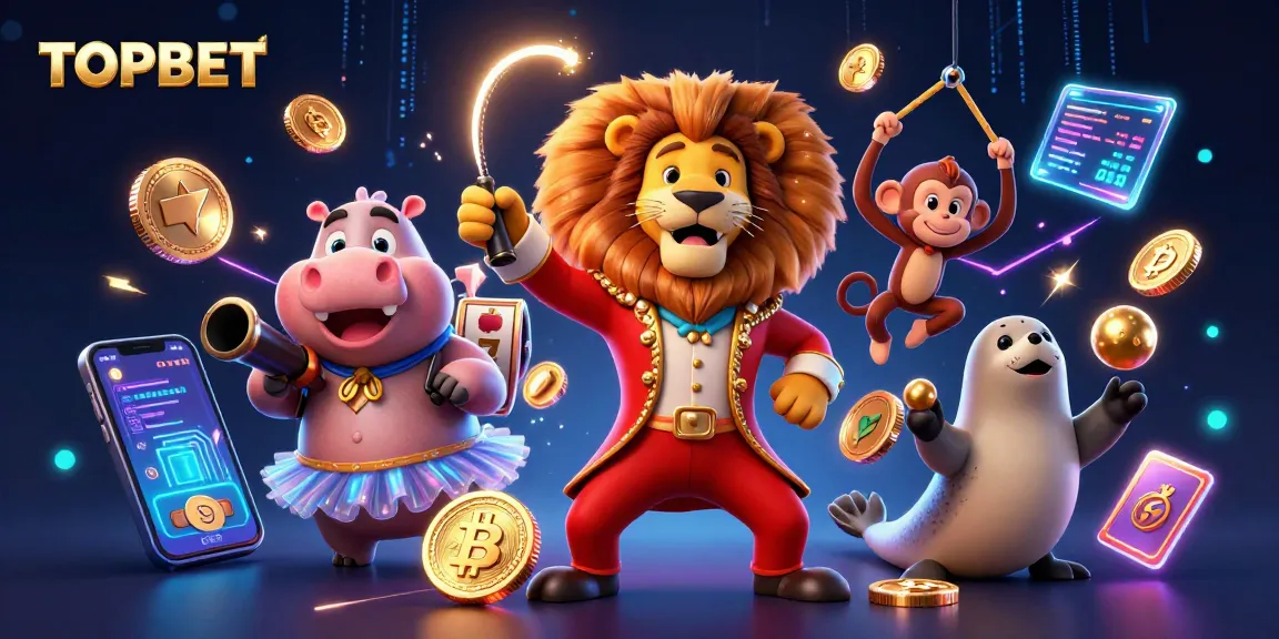 Experience a thrilling game at TOPBET with vibrant casino characters surrounded by glowing Bitcoin and Ethereum elements.