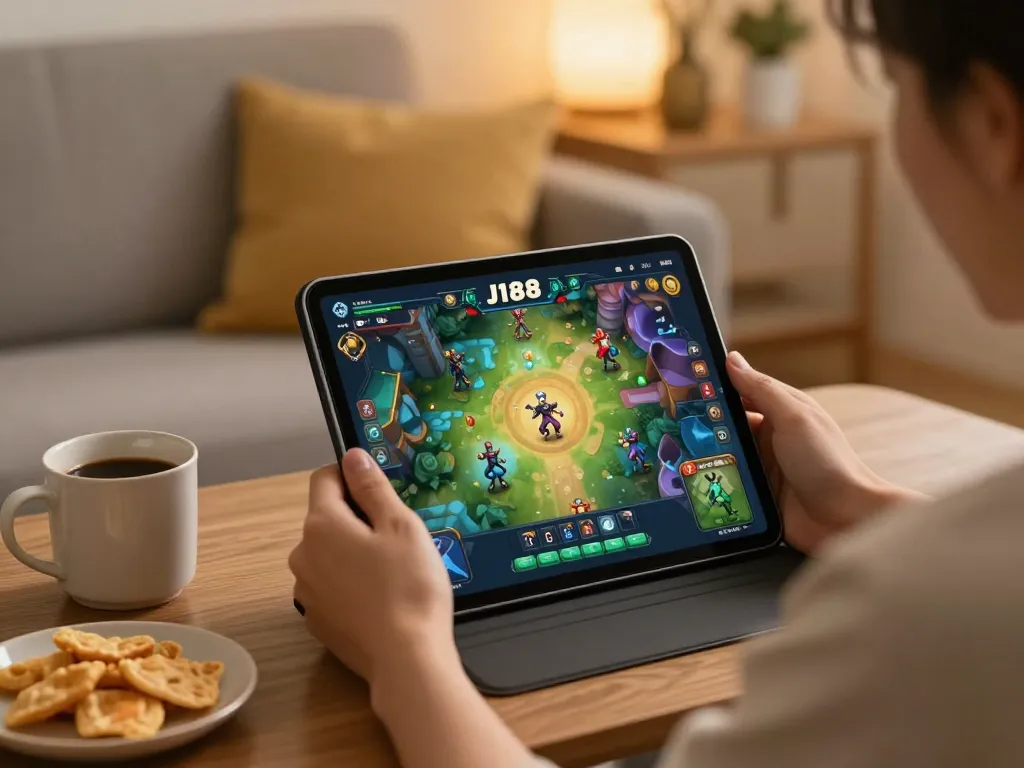 Engaged player enjoying the J188 game on a tablet in a cozy home setup with warm ambiance.