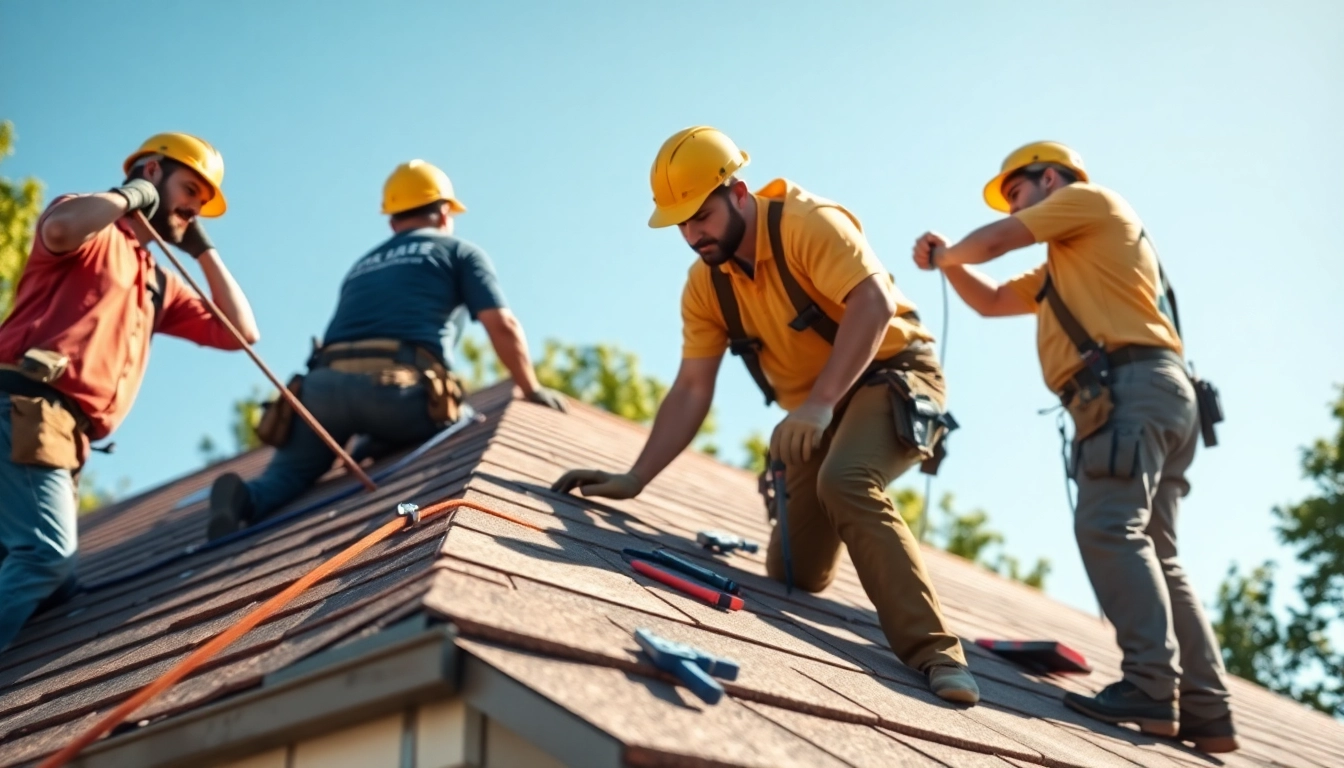 A roofing company team installing a new roof on a home, showcasing craftsmanship and teamwork.