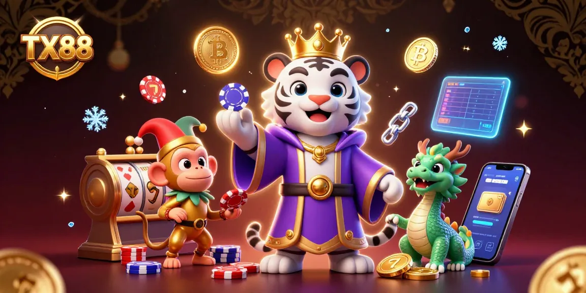 Experience the vibrant gaming world with TX88, featuring a tiger, monkey, and dragon amidst rich casino elements.
