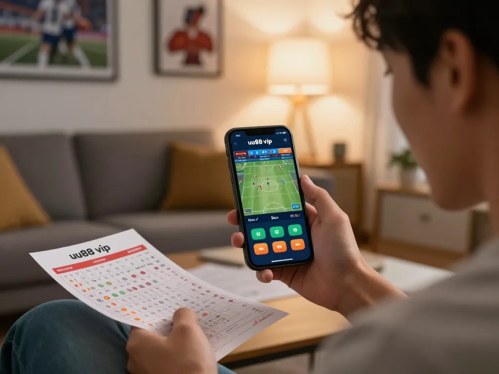 Engaging sports betting moment using uu88 vip app on smartphone, showcasing live game excitement.