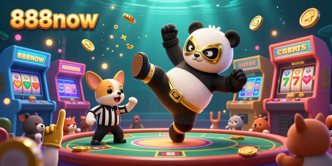 Experience the thrilling fun of 888now with a lively gambling scene featuring cartoon characters and dynamic game elements.