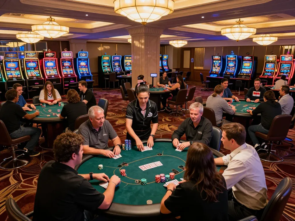 Players engaging with poker tables at ONE88 casino under ambient lighting.