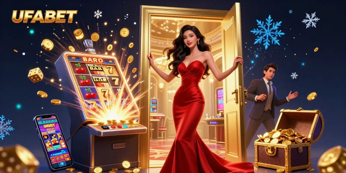 Experience UFABET with a gorgeous illustration of a lively casino scene featuring a beautiful Asian woman and thrilling gaming adventures.
