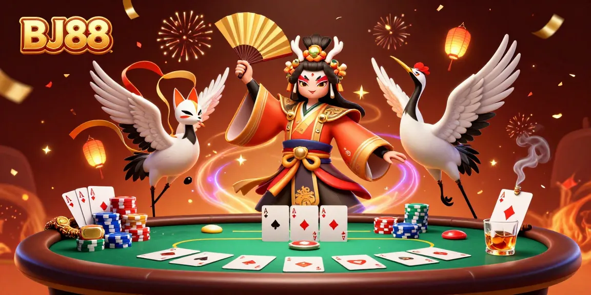 Experience the thrill of BJ88 with kabuki warriors playing poker in a vibrant casino setting.