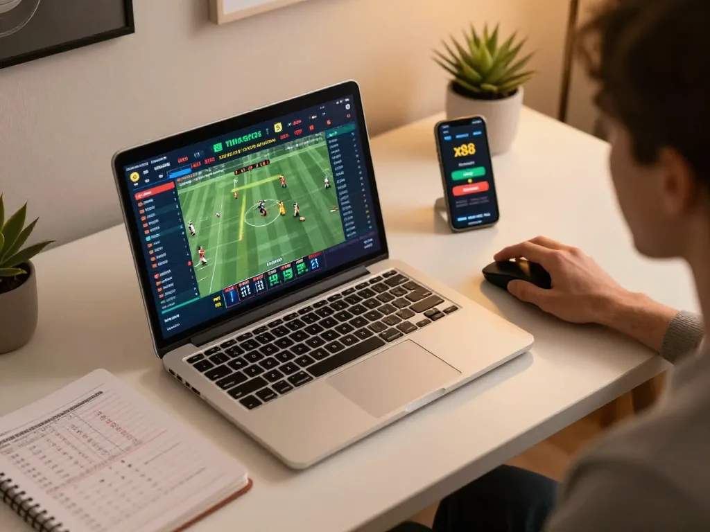 Player engaged in online sports betting at x88, showcasing dynamic odds and a strategic notebook.
