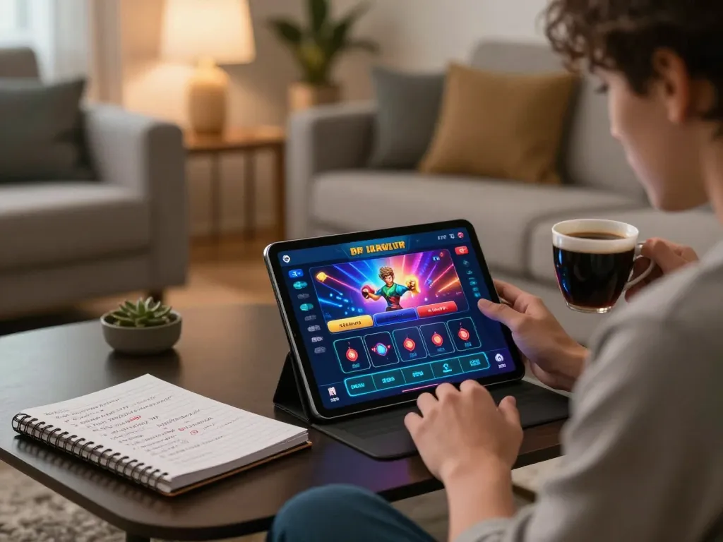 Engaging in an online game session with 23win com on a tablet with vibrant graphics and cozy ambiance.