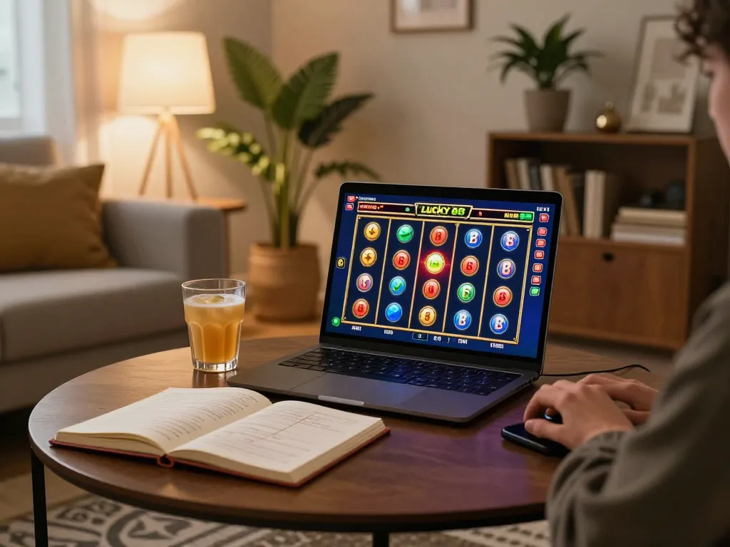 Engaging in a Lucky 88 online slot game at home, with strategic notes on the table and vibrant visuals on the screen.