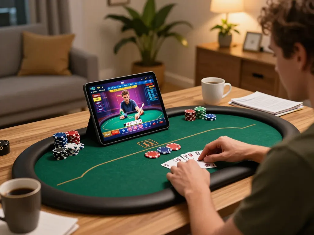 Exciting online gambling scene as debet poker game unfolds on tablet in cozy home setting.