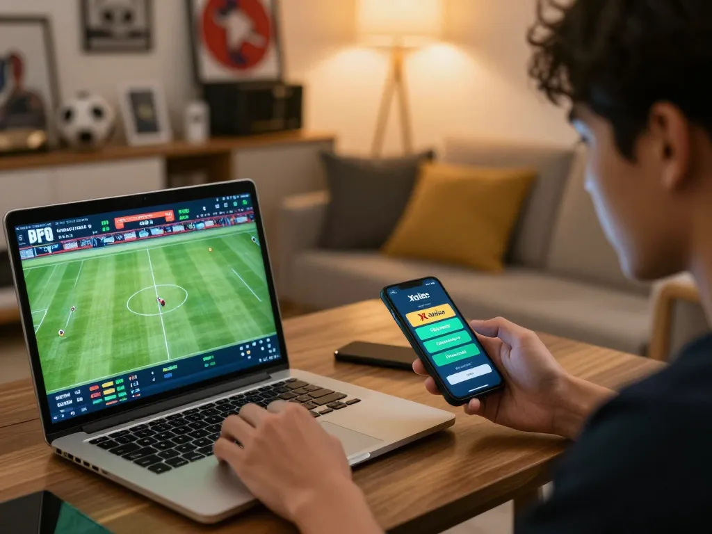 Person engaging in live sports betting on Xoilac while analyzing statistics
