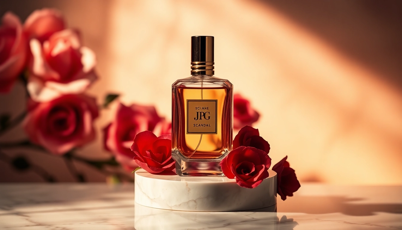 Scented bottle representing Jpg Scandal with opulent design against a floral background. related image
