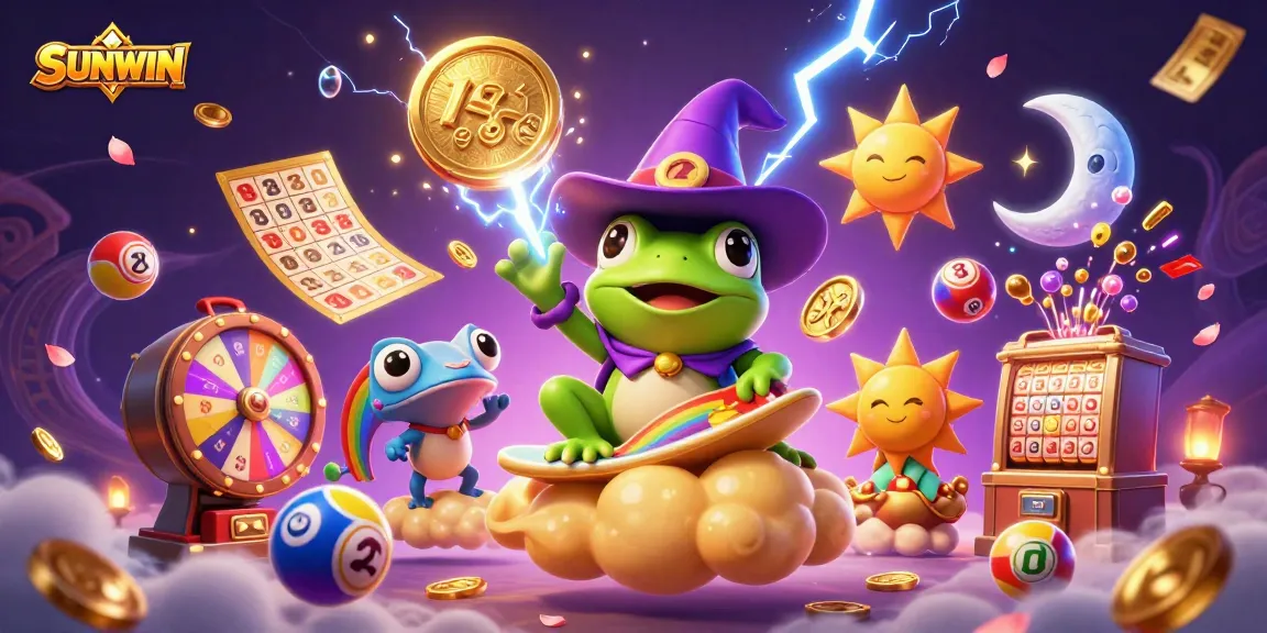 SUNWIN invites players into a thrilling casino world where a frog wizard conjures golden coins amidst a vibrant, magical scene.