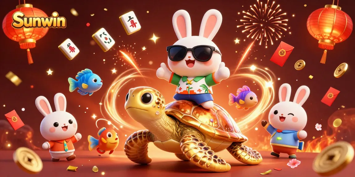 Win big at Sunwin with a vibrant scene featuring a lucky rabbit and golden turtle celebrating success.