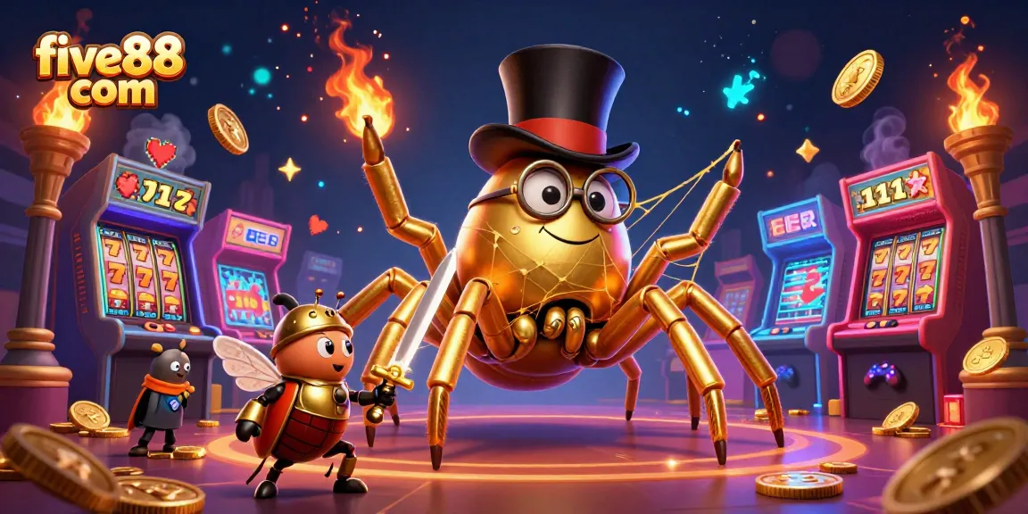 Engage with five88 com in a vibrant casino scene featuring a golden tarantula and a beetle knight.