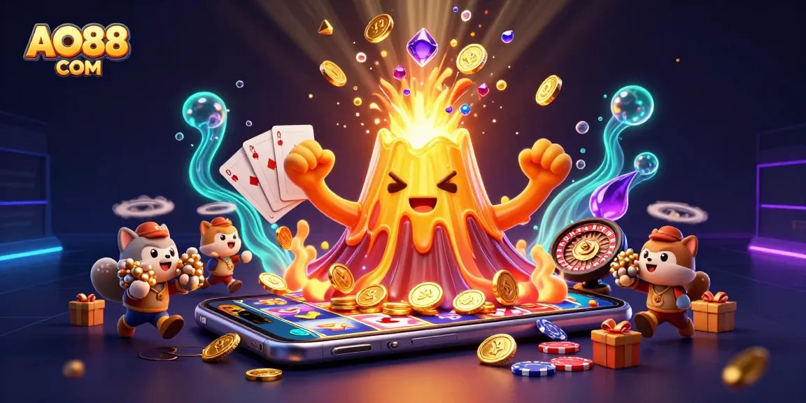 Experience the thrill of casino gaming with AO88 COM as golden treasure erupts from a whimsical volcano.