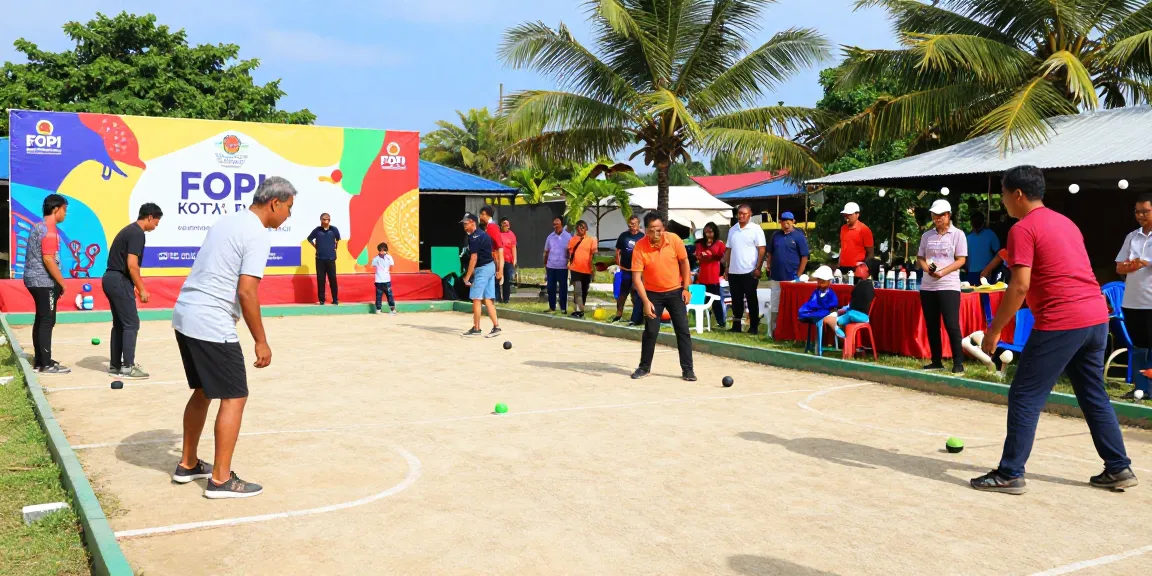 Community petanque players enjoying a match at fopikotapalu.org event in Kota Palu, showcasing vibrant energy and sportsmanship.