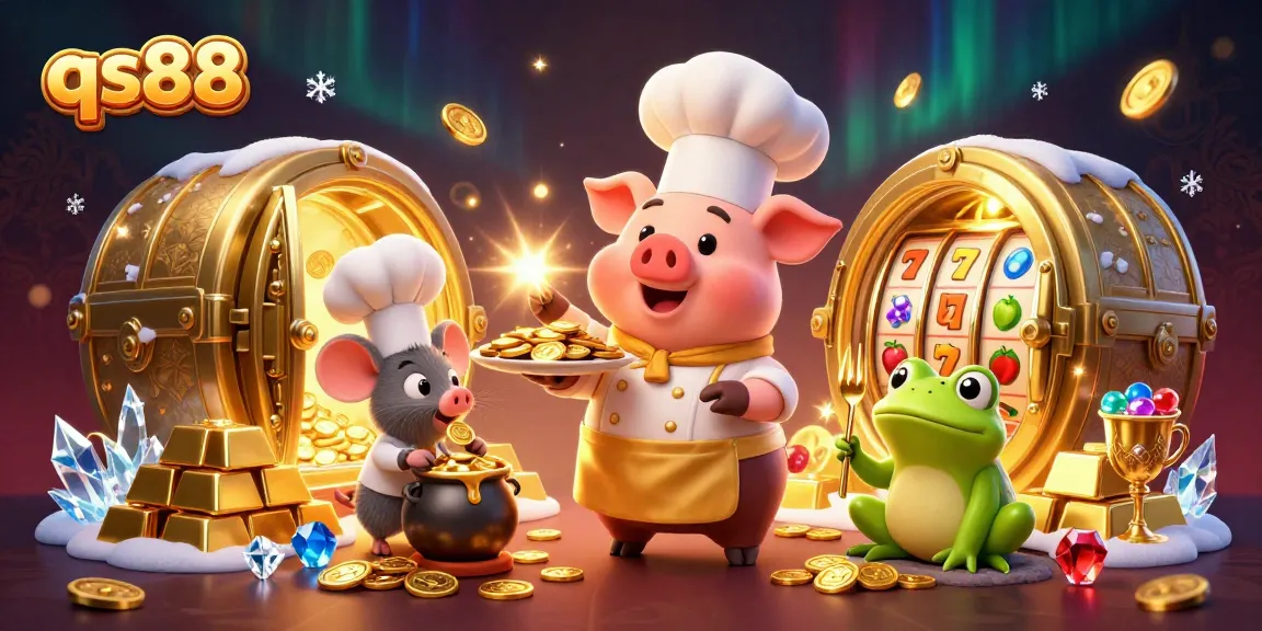 Engage with the vibrant qs88 casino world featuring gold coins, slot reels, and playful characters.