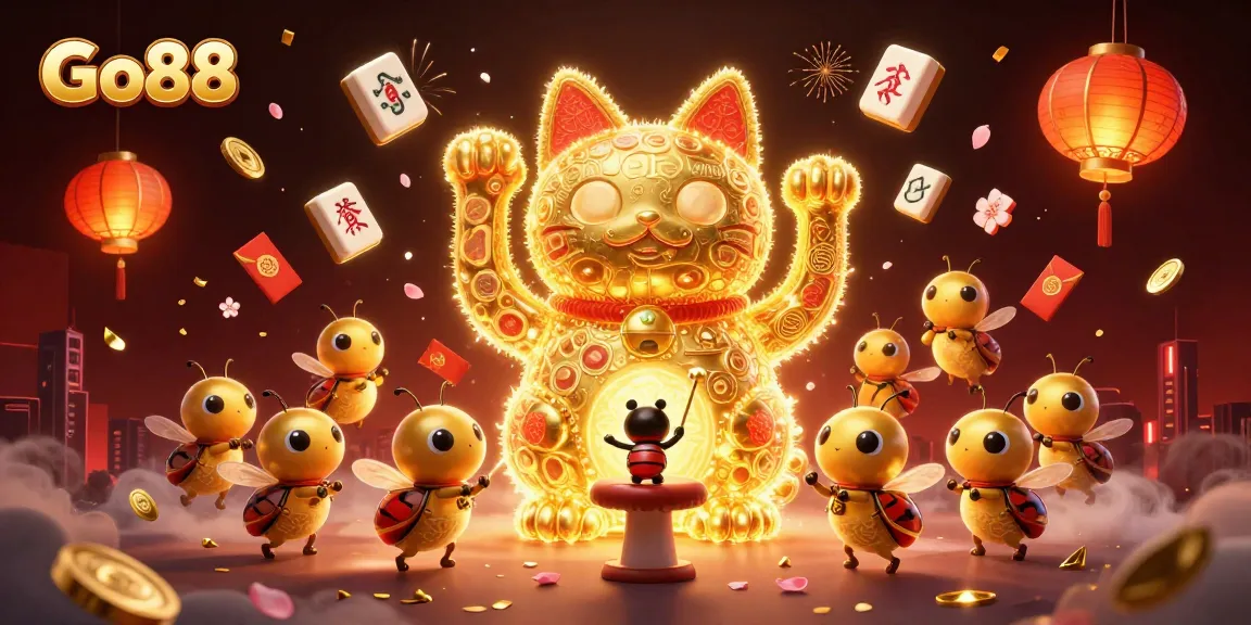 Experience thrilling gaming at Go88 with 3D illustrations of lucky symbols and fireflies illuminating the casino scene.