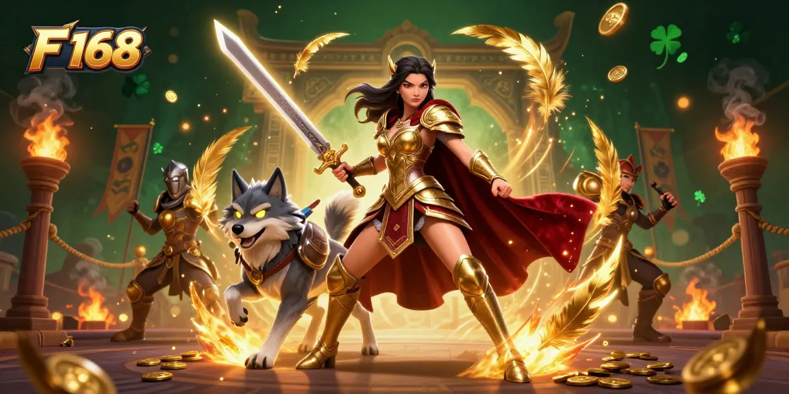 Experience thrilling action at F 168 with a warrior queen and mystical wolf in an enchanting casino.