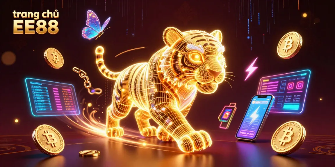 Experience the excitement of trang chủ EE88 in this vibrant digital casino scene filled with glowing elements.