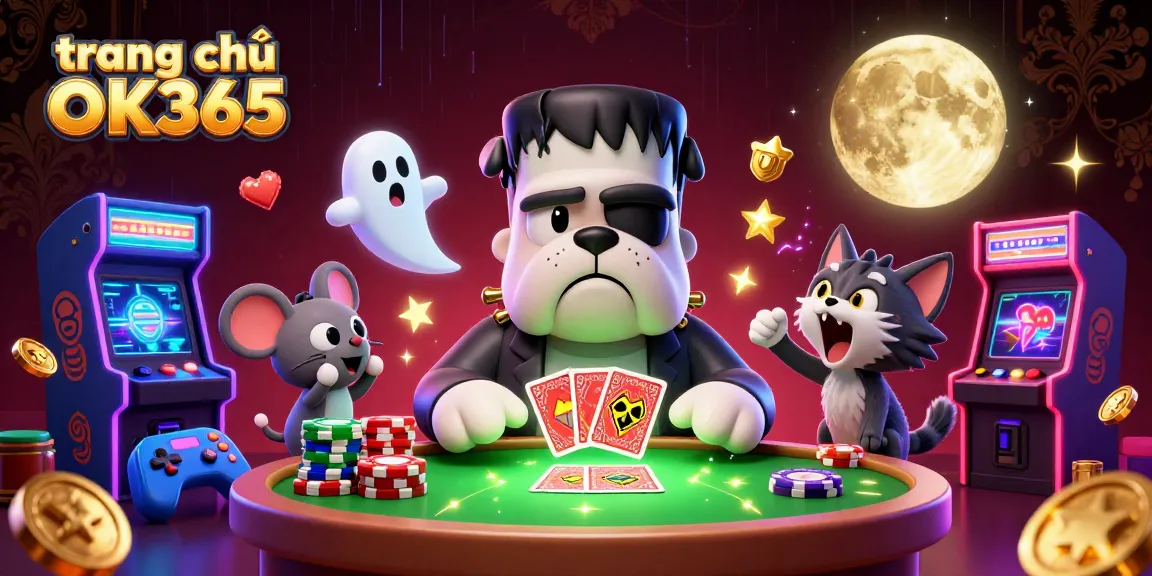 Catching exciting wins at trang chủ OK365 with a lively casino scene featuring a bulldog dealer and a werewolf kitten.