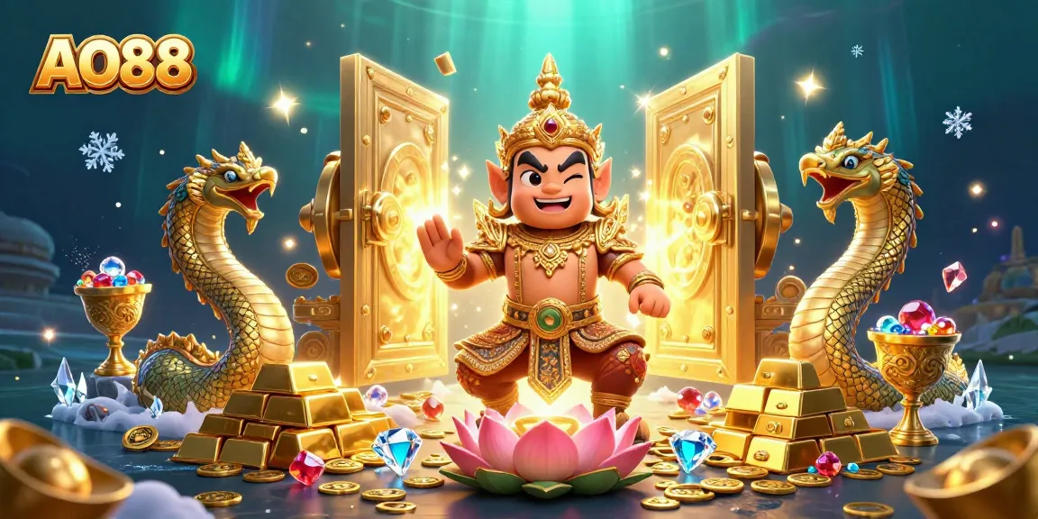 Experience thrilling gameplay at AO88 with a vibrant illustration of a Thai guardian amidst riches and treasures.