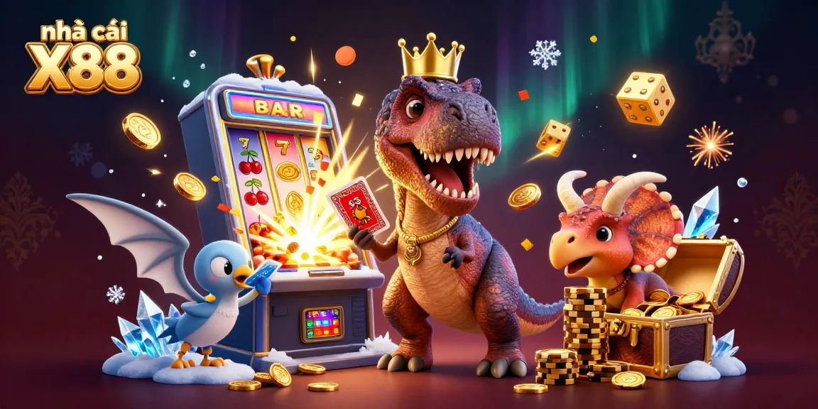 Experience the excitement of nhà cái X88 with a vibrant casino scene featuring a T-Rex, pterodactyl, and triceratops.