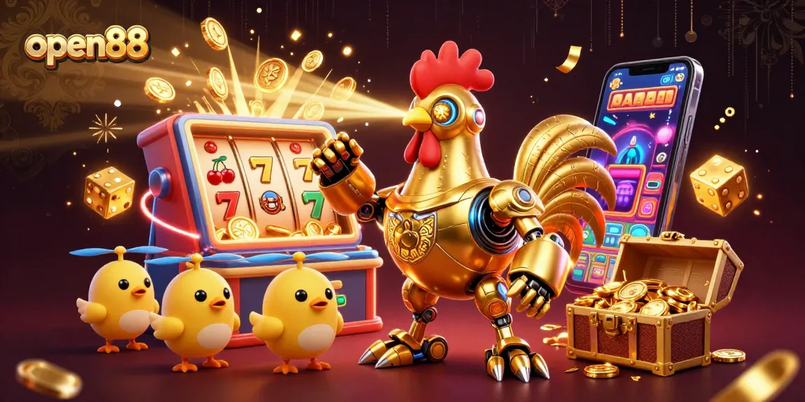 Experience excitement with open88's animated golden rooster robot and vibrant casino elements in action.