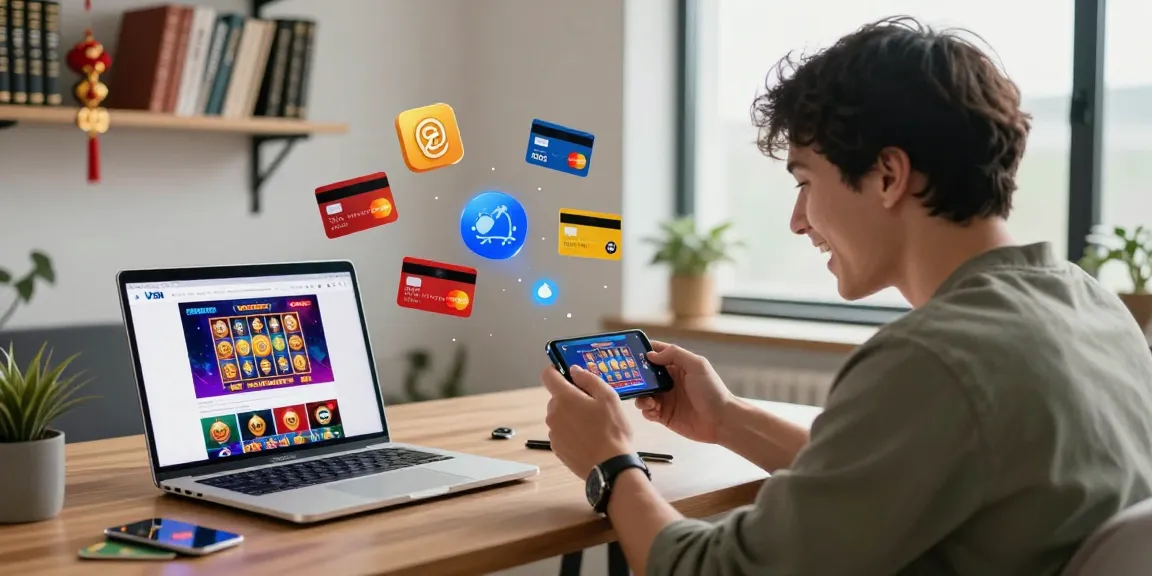 Exciting scene of credit card casino reviews with a player engaging a digital platform, showcasing vibrant graphics and branded credit cards.