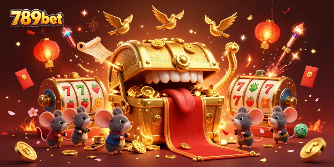 Attract players with 789bet's golden treasure chest, enhanced by vibrant casino elements, inviting them to engage.