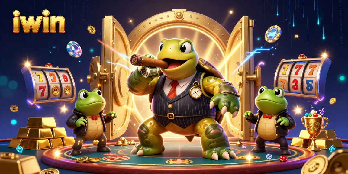 Iwin offers a lively casino atmosphere with a snapping turtle mobster and bullfrogs amidst vibrant game elements.