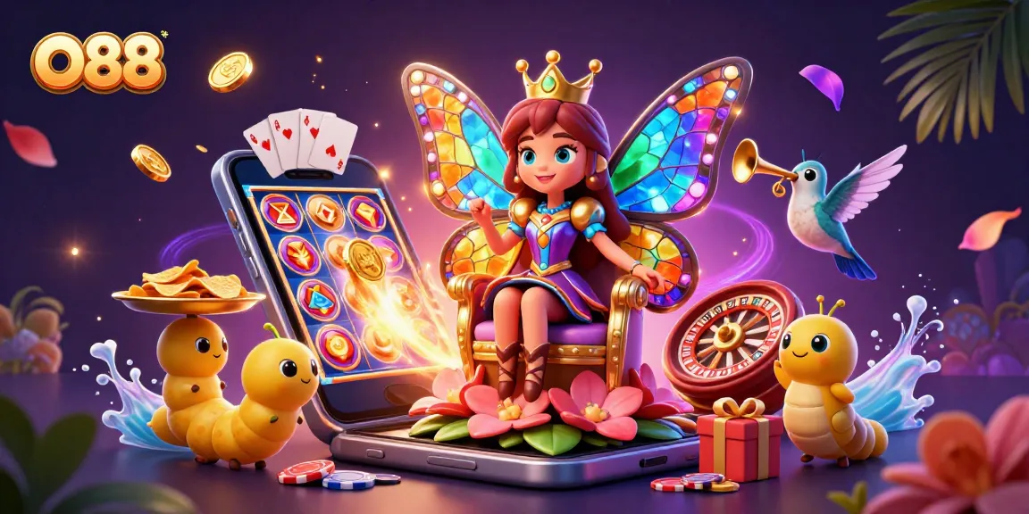 Experience the vibrant O88 casino scene with a colorful butterfly queen and animated game elements.