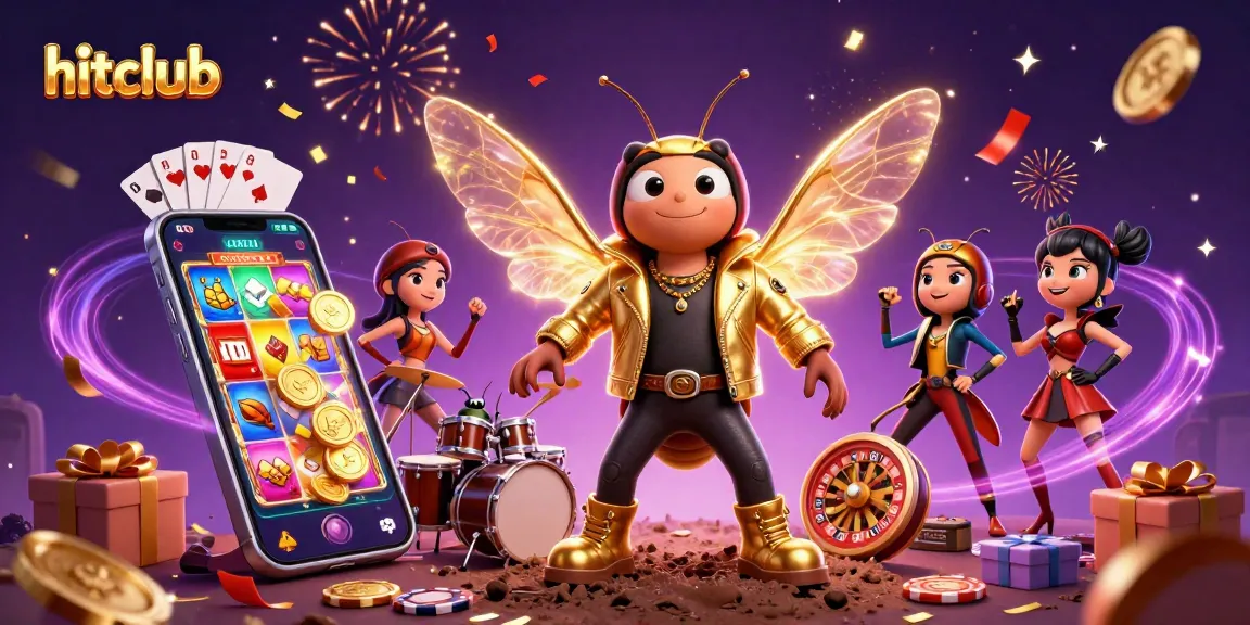 Experience the excitement at hitclub with a vibrant casino-themed 3D illustration featuring fun characters and dynamic gaming action.
