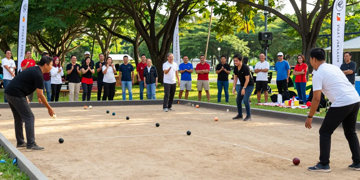Community petanque match at fopikotatarakan.org with players and supporters enjoying the sport in a sunny park.